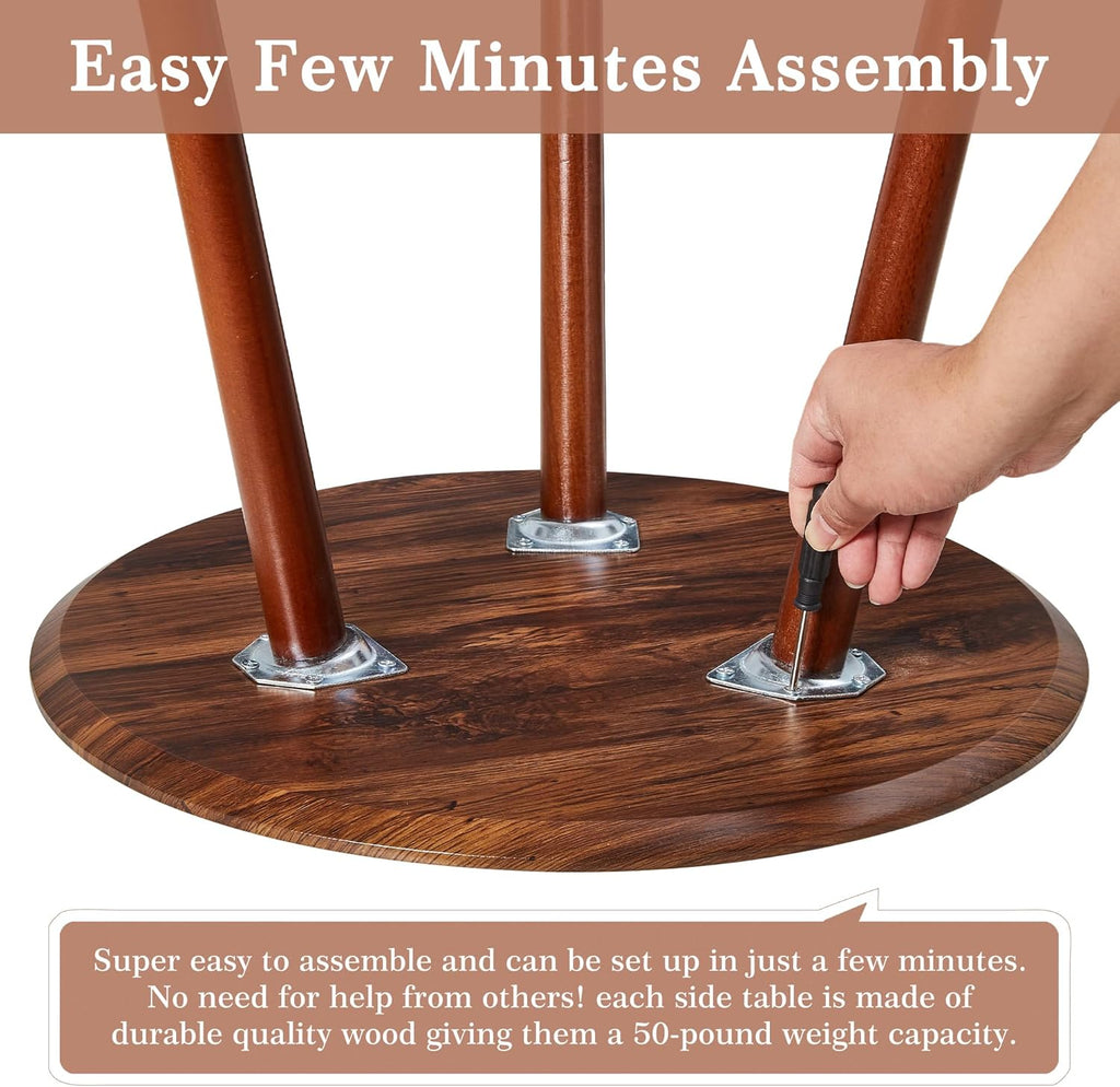 VECELO Round Side Table, Small End Table for Indoor Outdoor, Wooden Bedside Table with Non-Slip Foot Pads, 3-Legged Nightstand for Living Room Bedroom Bathroom, 20" x 20" x 23.8",Rustic Walnut