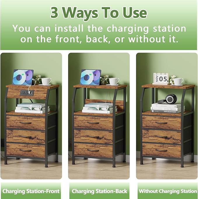 Furnulem Night Stand with Charging Station, USB Ports and Outlets, 28.3 Inch ...