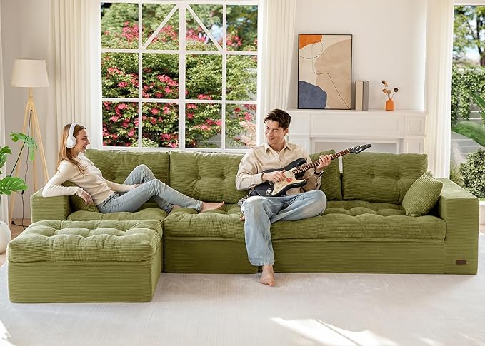 MAXYOYO 132" L Shaped Modular Sectional Sofa with Ottoman, Cloud Boneless Couch with Layered Cushion, Upholstered Sofa in a Box, Flexible Module Combination for Living Room, No Assembly, Green
