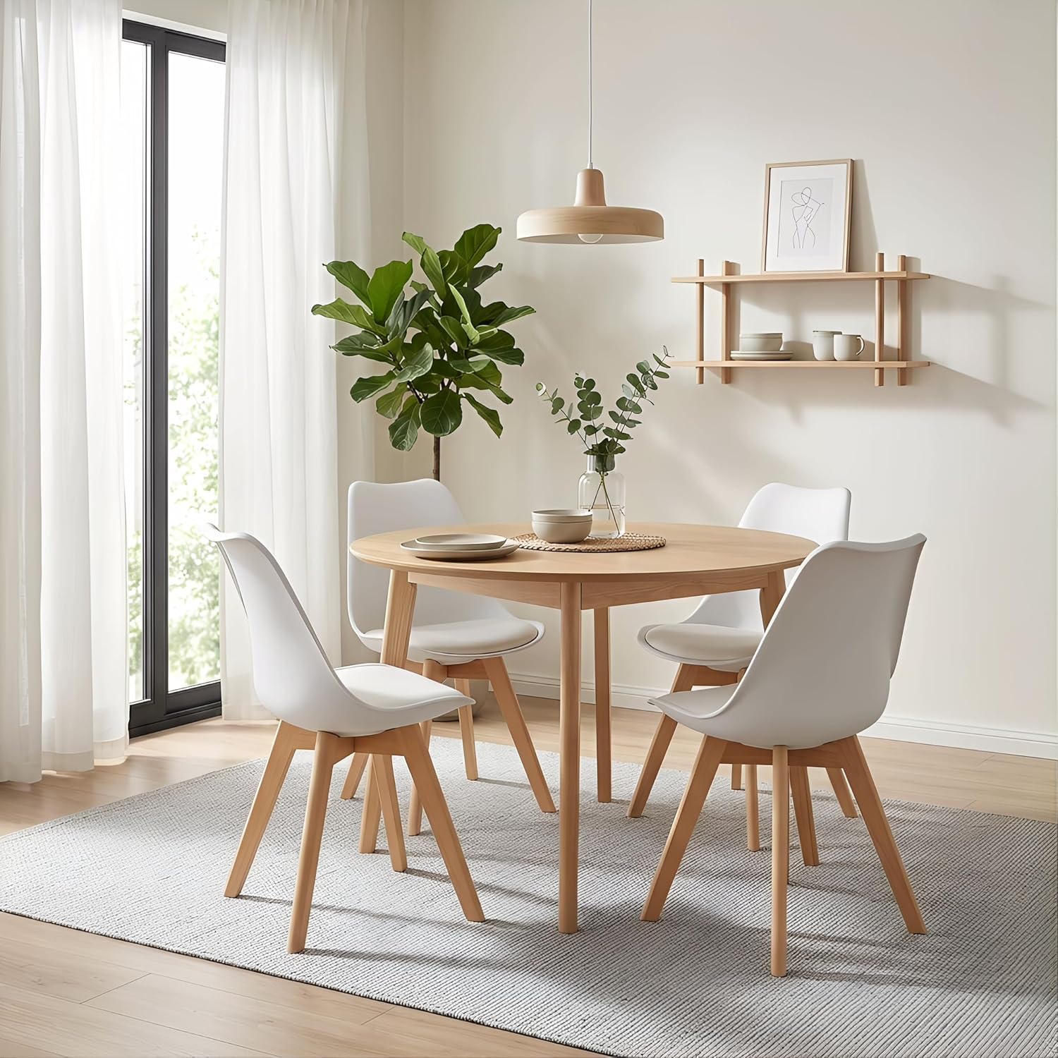 LSSBOUGHT Mid Century Modern Dining Chairs,Shell Lounge Plastic Side Chair with Soft Padded and Wooden Legs for Dining Room Living Room Bedroom Kitchen Set of 2 (White)