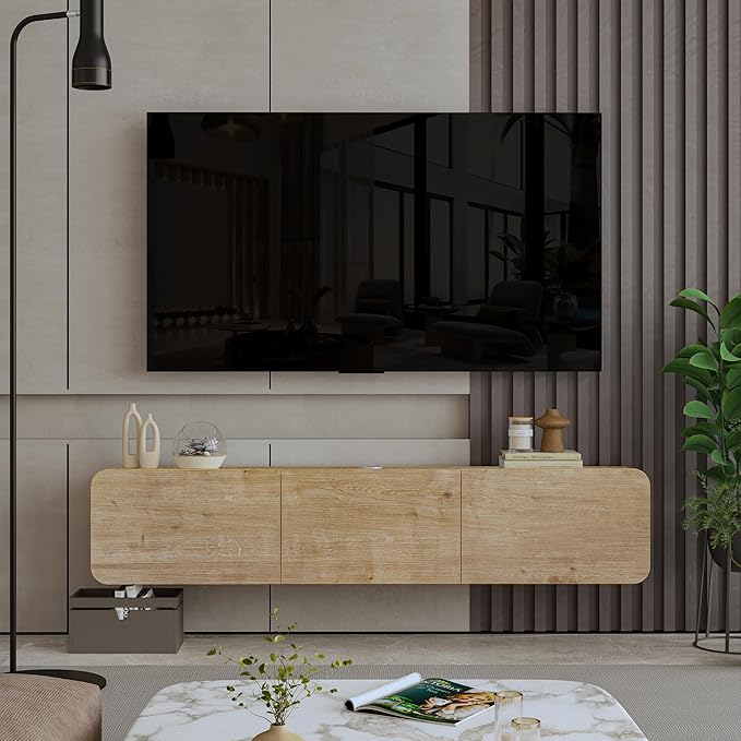 Atelier Mobili Modern Floating TV Stand Wall Mounted for 80 Inch TV, Oak Entertainment Center and TV Stands for Living Room or Bedroom, Entertainment Center for 65 Inch TV