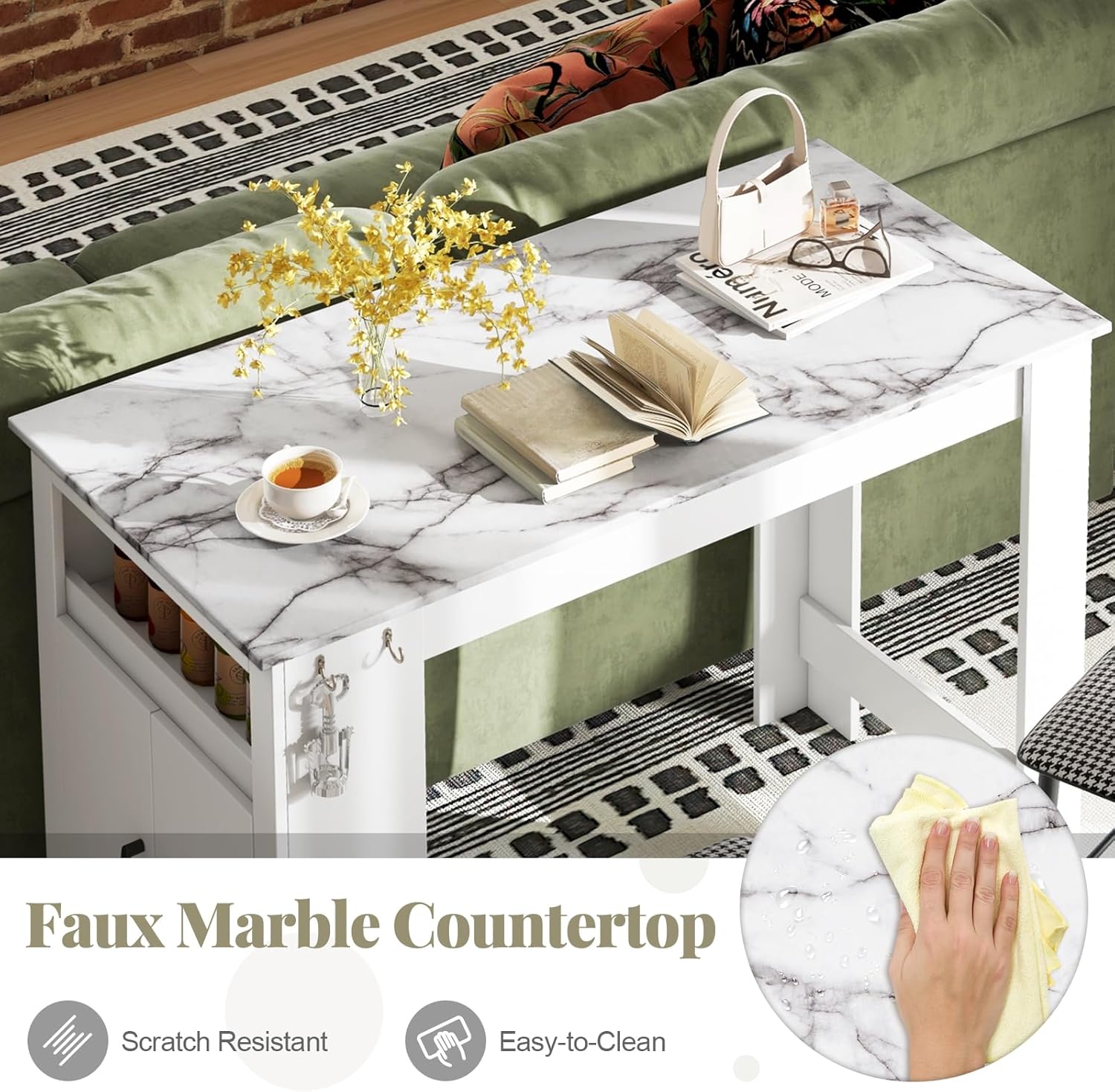 COSTWAY Bar Table, Modern Faux Marble Breakfast Table with 7 Hanging Hooks, Open Compartment, Storage Cabinet & Adjustable Shelf, Counter Height Dining Table for Kitchen, Dining Room, Living Room | 7 Hanging Hooks, Open Compartment, Storage Cabinet &