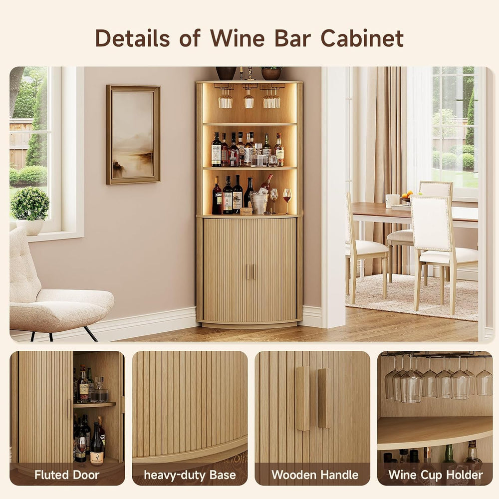ONBRILL 72" Tall Corner Bar Cabinet with LED Light, Liquor Cabinets, Oak