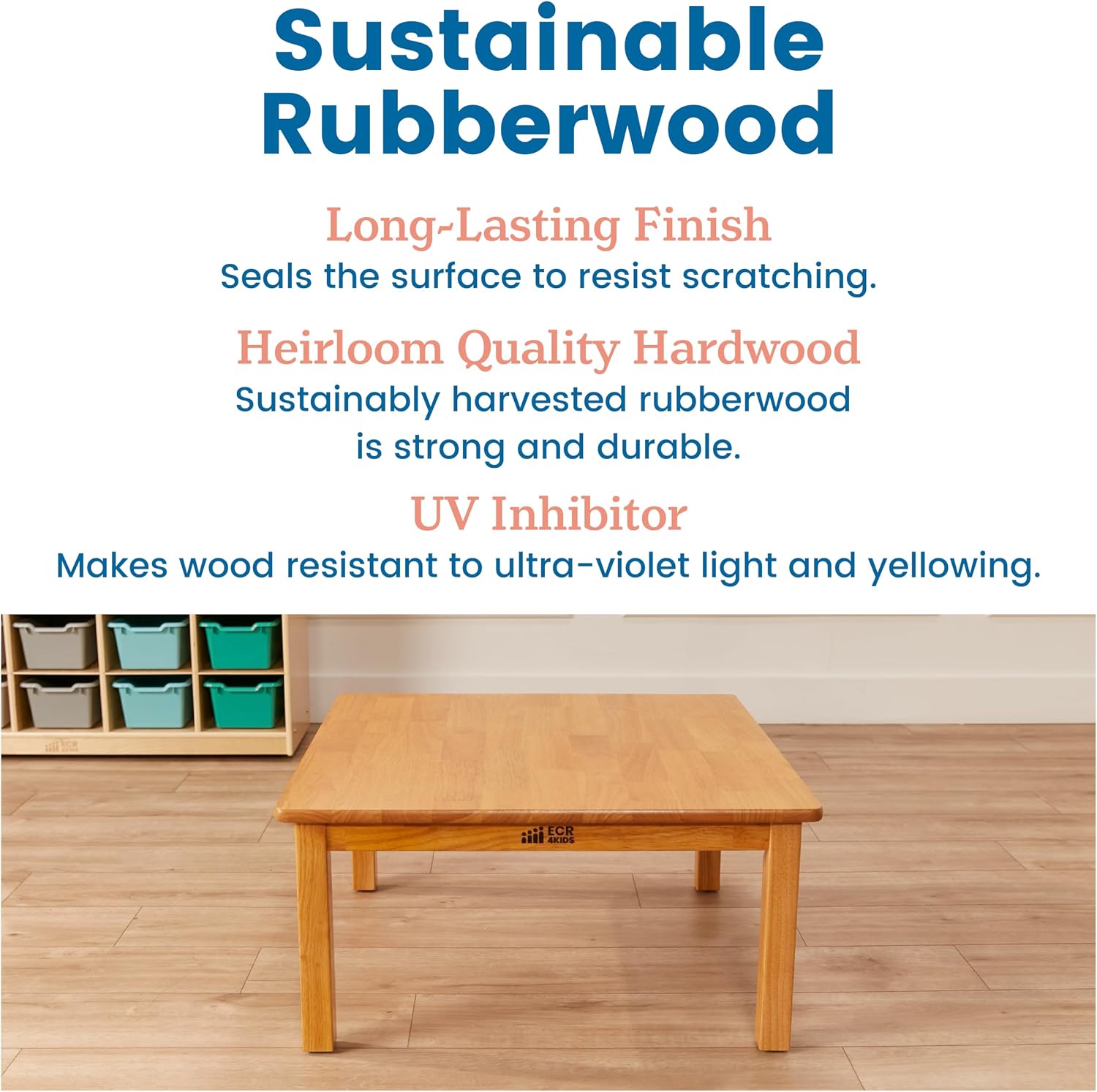 ECR4Kids 30in x 30in Square Hardwood Table with 14in Legs, Kids Furniture, Honey