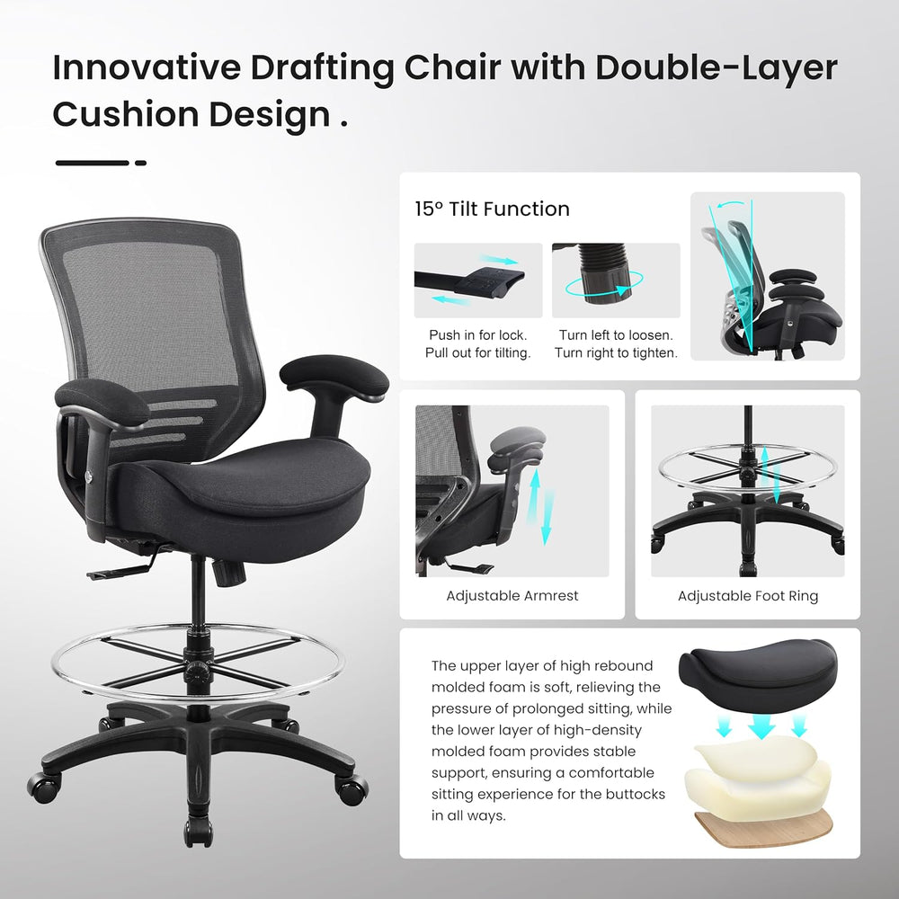 BOLISS 400lbs Ergonomic Office Drafting Chair Mid Mesh Back for Height Adjust...