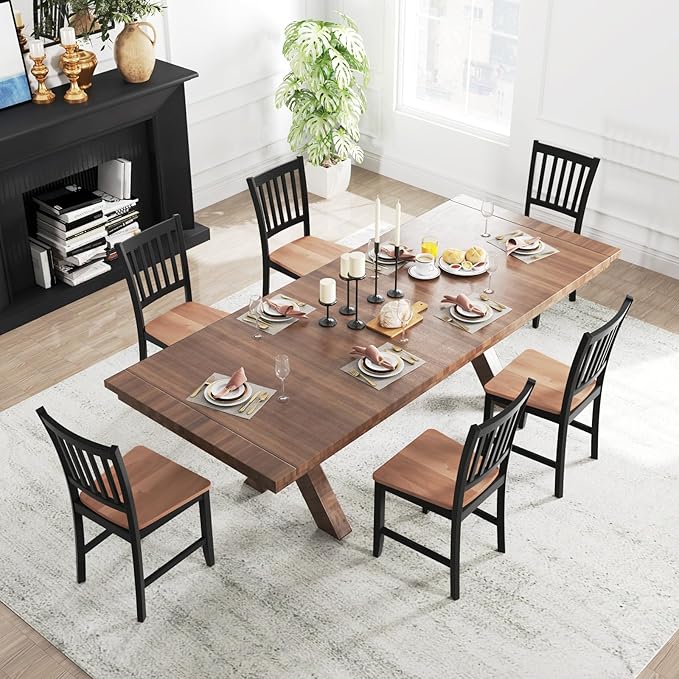COSTWAY Dining Chairs Set of 4, Mid Century Modern Dining Room Chairs with Solid Rubber Wood Legs and Curved Backrest, Kitchen Chairs for Home, Living Room, Restaurant, Black & Walnut