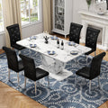 Modern Faux Marble Dining Table Set for 6, 63" White Rectangular Kitchen Table with Elegant U-Shaped Pedestal Base & 6 Tufted Upholstered High-Back Chairs, Luxury 7-Piece Dining Room Furniture Set