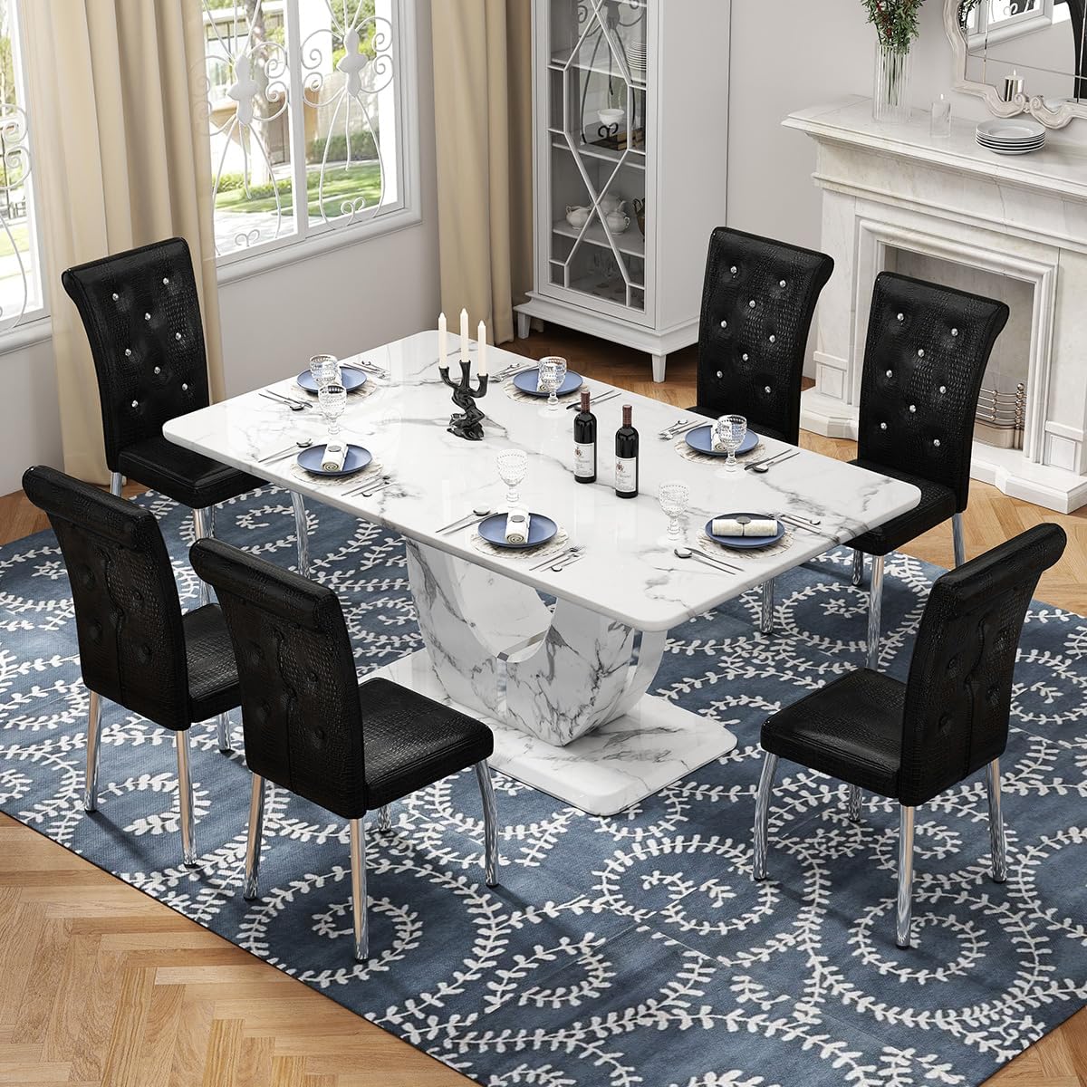 Modern Faux Marble Dining Table Set for 6, 63" White Rectangular Kitchen Table with Elegant U-Shaped Pedestal Base & 6 Tufted Upholstered High-Back Chairs, Luxury 7-Piece Dining Room Furniture Set