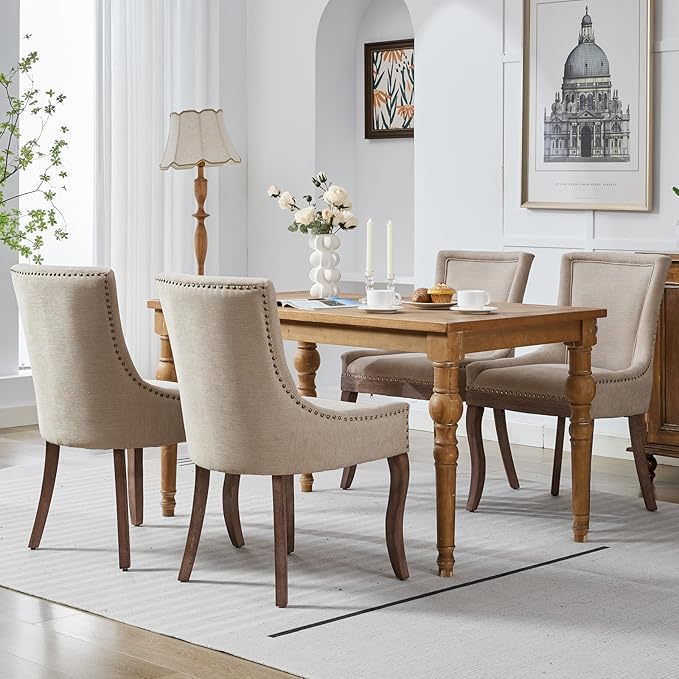 Modern Dining Chairs Set of 6, High Back Dining Chairs Side Chairs with Solid Wood Legs, Upholstered Fabric Dining Room Chairs for Dining Room Kitchen, Beige