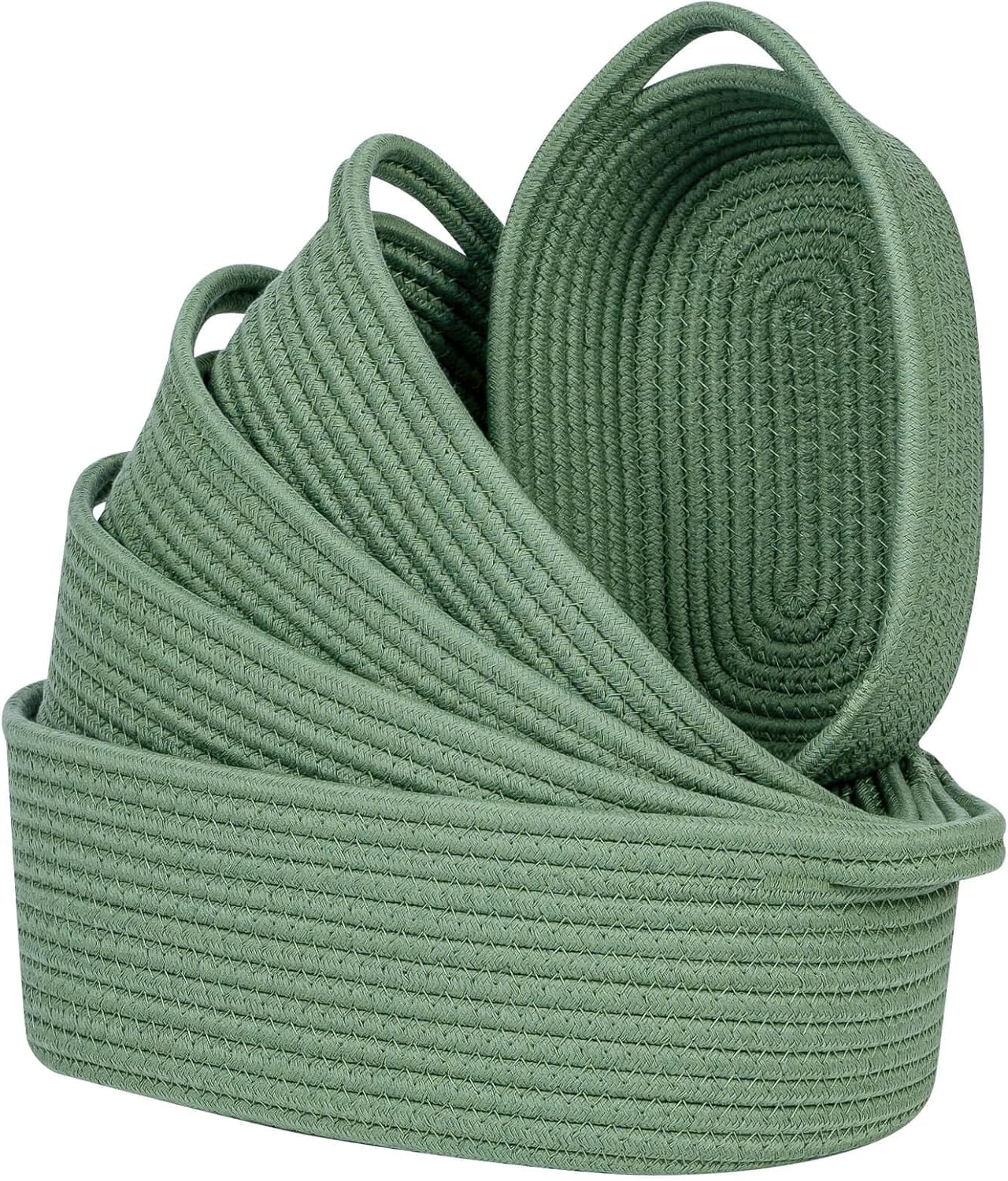 CubesLand Small Storage Basket Cotton Rope Organizer Baskets for Shelves | Set of 5 Decorative Closet Storage Bins with Handle for Countertop, Toilet Paper Basket for Toilet Tank Top, Green Basket