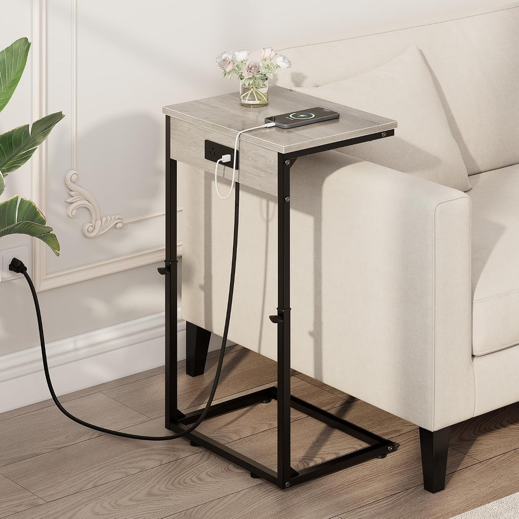 Vagusicc C Shaped End Table with Charging Station, Adjustable Height Side Table for Couch,Small Side Table Small Spaces,33.2'' Tall Couch Tables that Slide Under, Tv Tray Table for Living Room, Greige