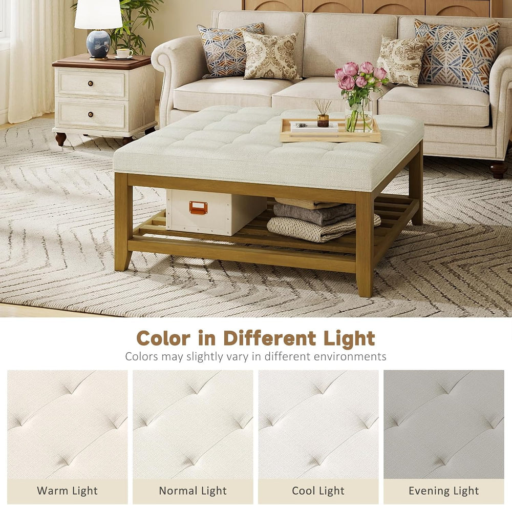 Befurtori Ottoman with Storage Bench, Linen Ottoman Coffee Table, Ivory | Sol...