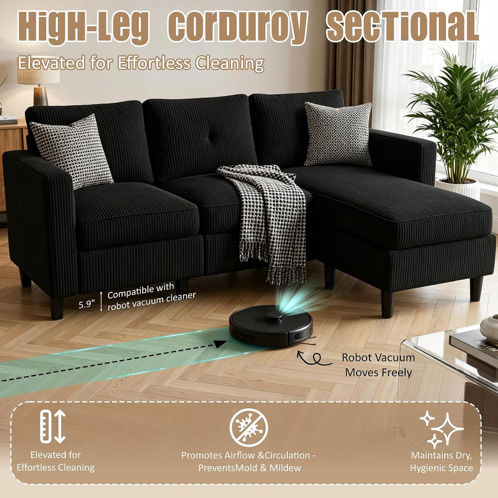 JAMFLY 77" L-Shaped Corduroy Sectional Sofa with Storage Ottoman, Black ...