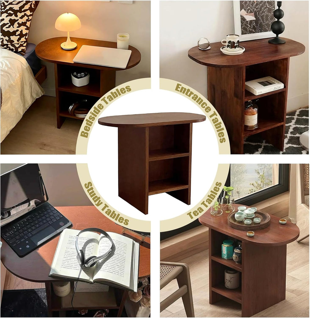 Round End Table with Open Storage,Mid-Century Modern Nightstand Small Space S...