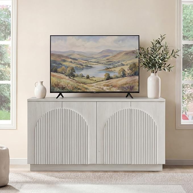 Yechen White Oak Fluted TV Stand with Arched Reeded Design Doors, Modern Entertainment Center with Storage for Up to 65 Inch, TV Media Console, TV Cabinet for Living Room, Bedroom/White Oak(1 PCS)