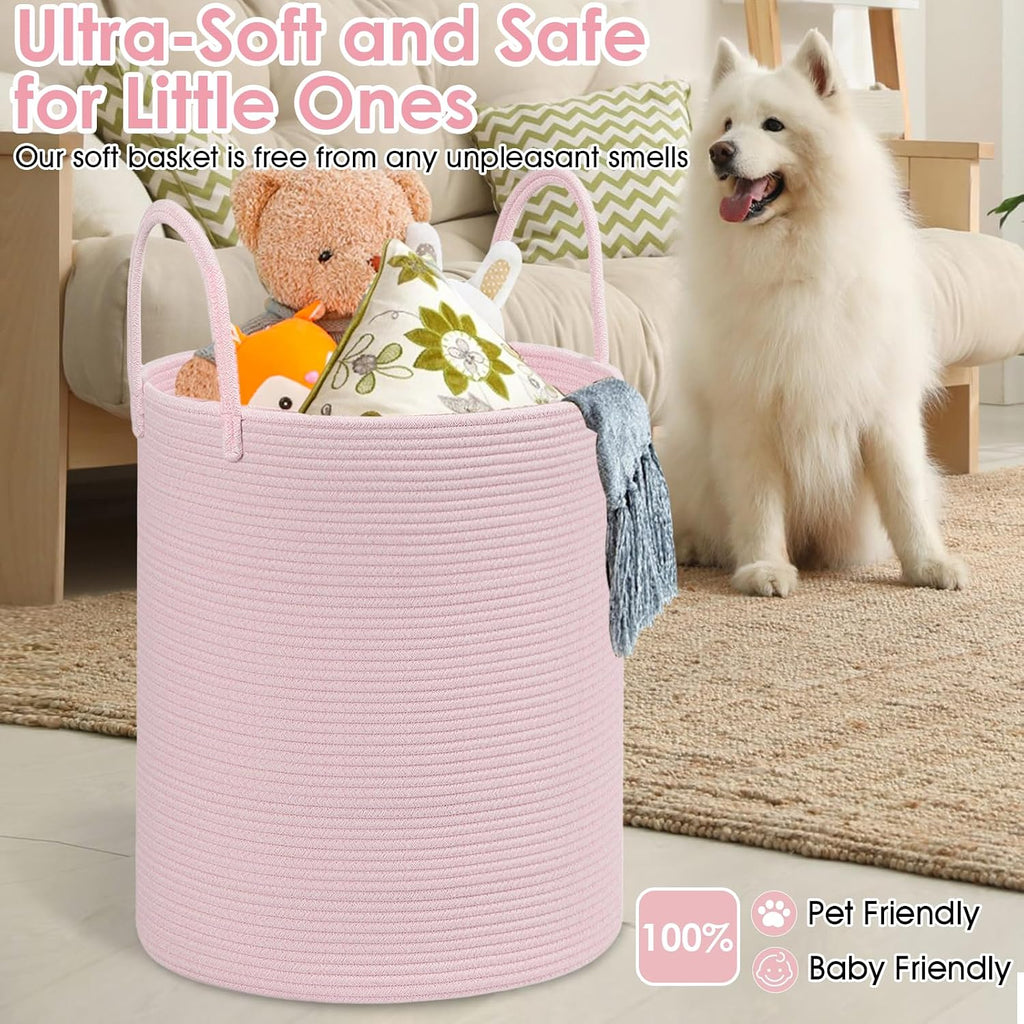 Cotton Rope Storage Basket with Handles, Large 60L Collapsible Laundry Hamper for Clothes, Sturdy Nursery Organizer Blanket Basket for Living Room,Toy Bin for Kids Bed Room,15"x15"x18",Pink