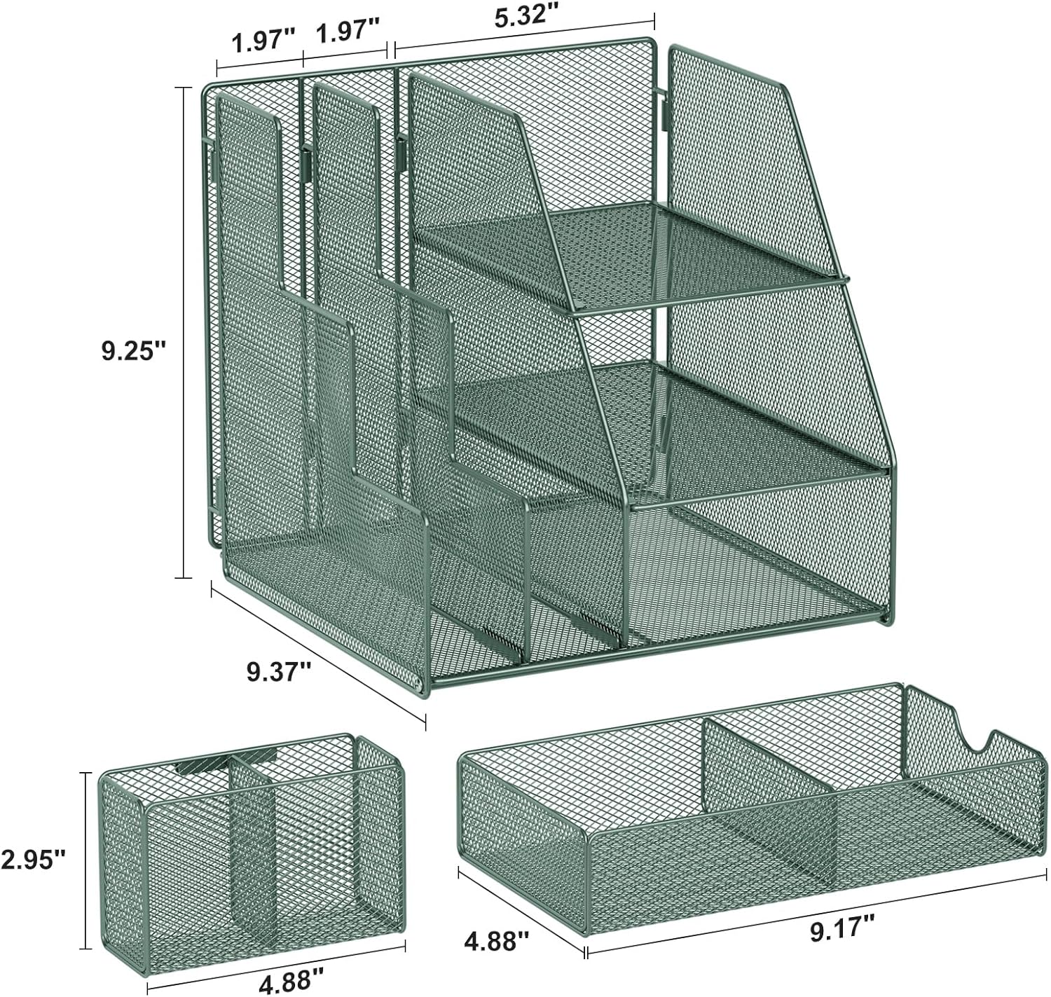 Marbrasse Desk Organizer and Accessories, 3-Tier File Organizer with Drawer and Pen Holder, Small Desktop Organizer and Storage for Workspace Office Supplies Green