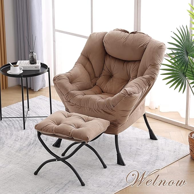 Welnow Lazy Chair with Ottoman, Modern Lounge Accent Chair with Armrests and a Side Pocket, Leisure Sofa Chair Set, Reading Chair with Footrest for Small Space, Corner Chair, Dark Brown