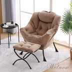 Welnow Lazy Chair with Ottoman, Modern Lounge Accent Chair with Armrests and a Side Pocket, Leisure Sofa Chair Set, Reading Chair with Footrest for Small Space, Corner Chair, Dark Brown