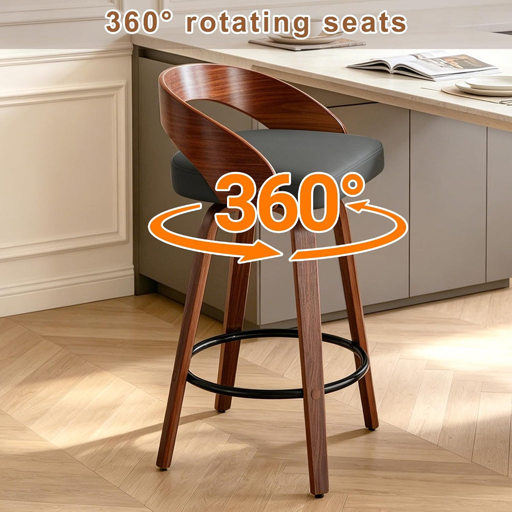 25" Swivel Bar Stools Set of 2, Mid Century Modern Bar Island Stools | Upholstered Faux Leather Counter Height Barstools with Walnut Back & Bentwood Legs