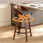25" Swivel Bar Stools Set of 2, Mid Century Modern Bar Island Stools | Upholstered Faux Leather Counter Height Barstools with Walnut Back & Bentwood Legs