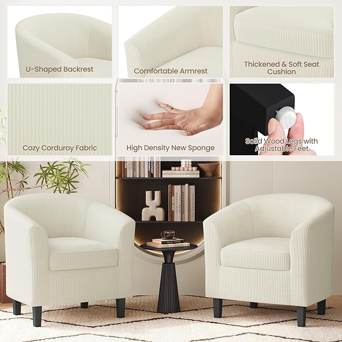 Yaheetech Corduroy Barrel Chairs Set of 2, Upholstered Club Chairs Accent Chairs, Round Armchairs Waiting Room Chairs with Soft Cushion for Living Room Bedroom Reading Room, Beige