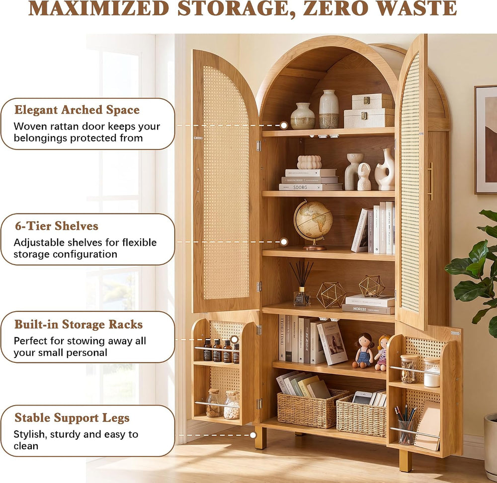 Merax 71'' Tall Farmhouse Rattan Arched Storage Cabinet | Boho Style ...