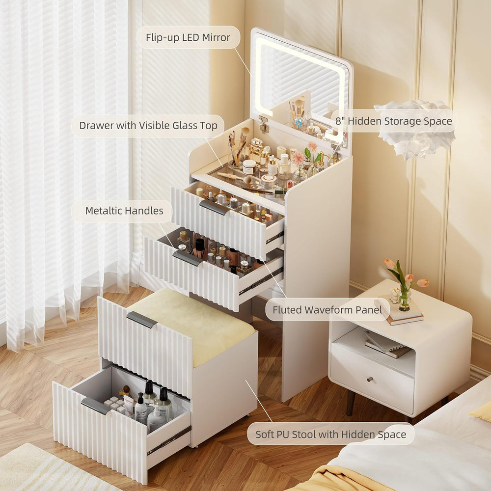 Small Vanity Desk with Mirror and Lights, 3-in-1 Compact Vanity Table | Chair...