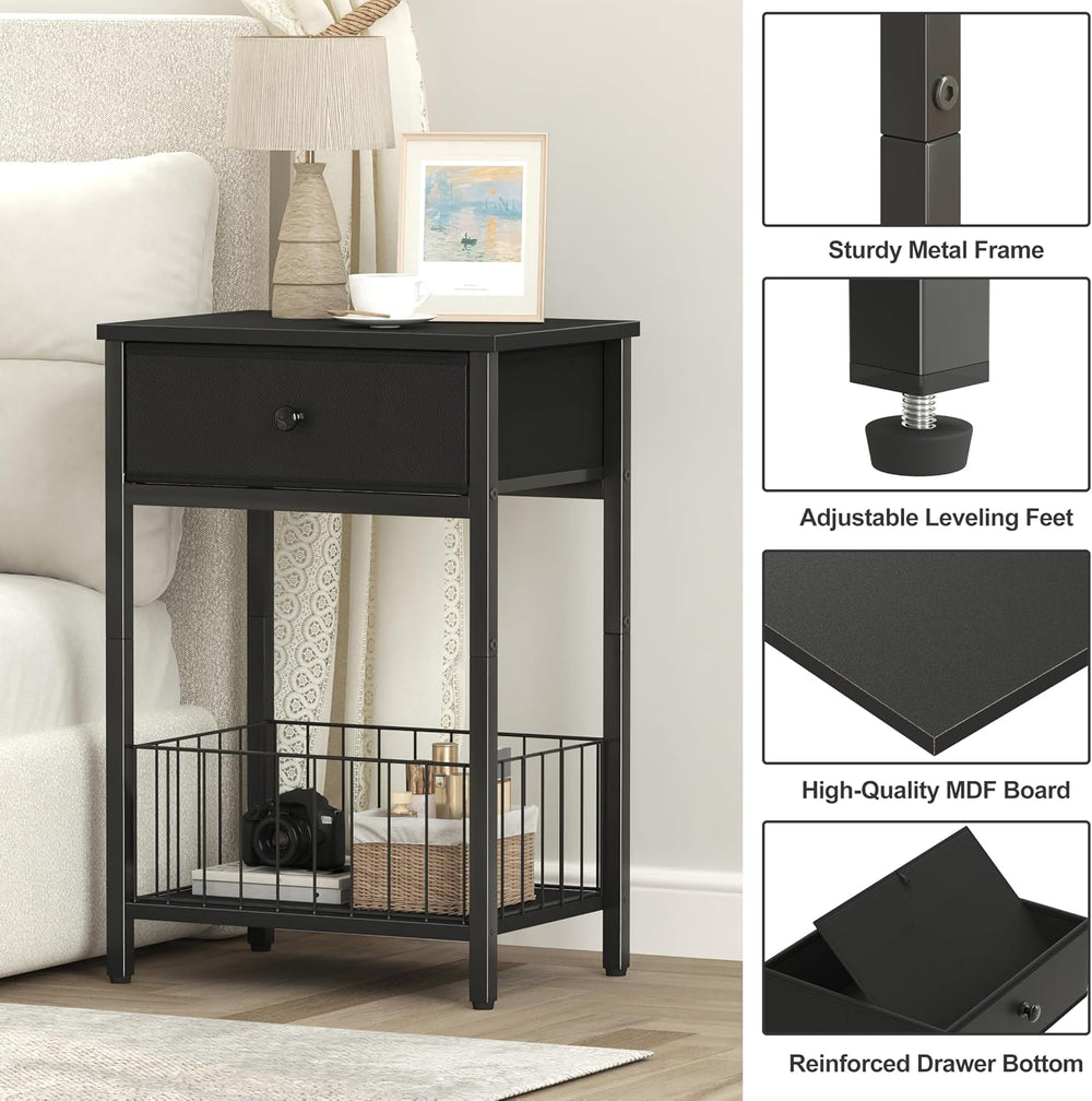 Small nightstand, Bed Side Tables Bedroom, Black Side Table, end Table with D...