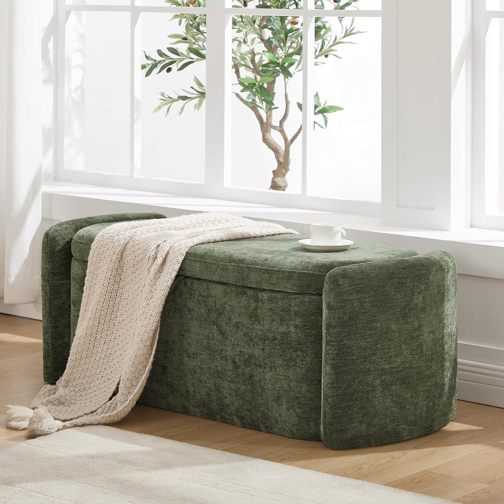 Oval Ottoman Bench with 20 Gal of Storage Space Upholstered Chenille Seat End...