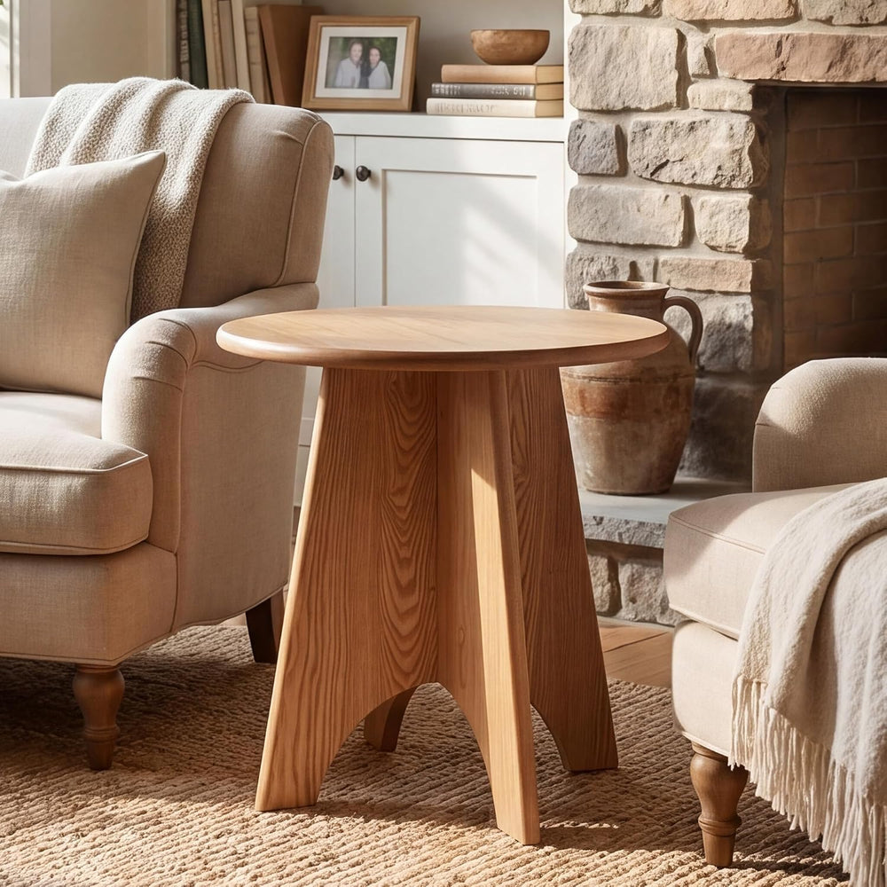 Round Side Table with Unique Panel Leg Design, Sturdy Nightstand for Bedroom,...
