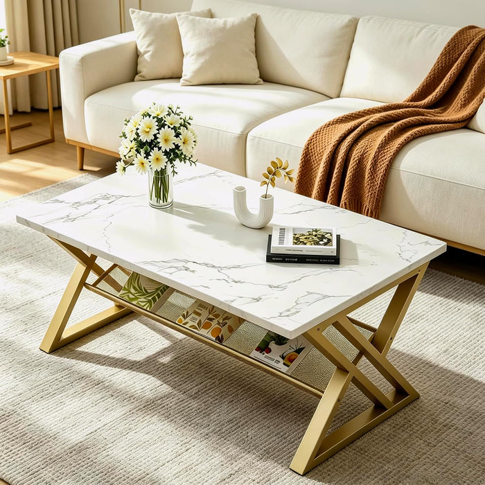 Wolawu Coffee Table White and Gold Living Room Tables with Storage Shelf