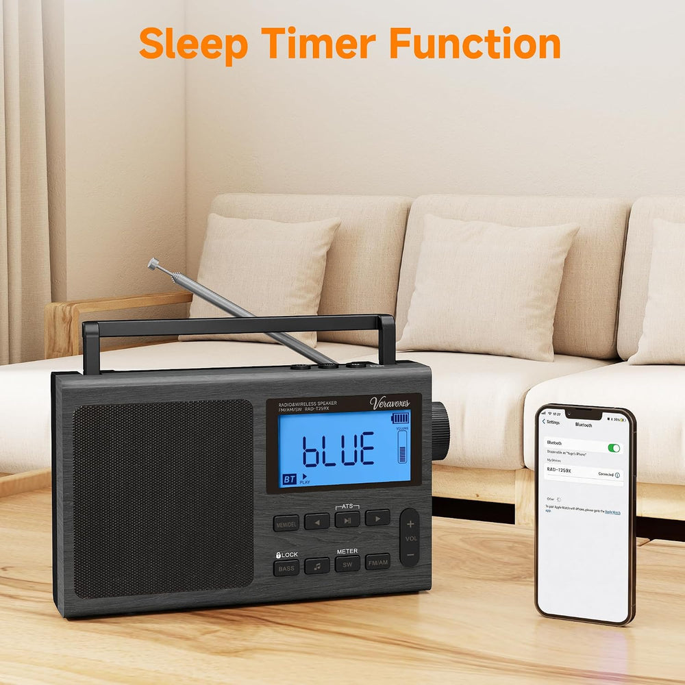 Portable Bluetooth AM FM Shortwave Radio AC & Battery Powered