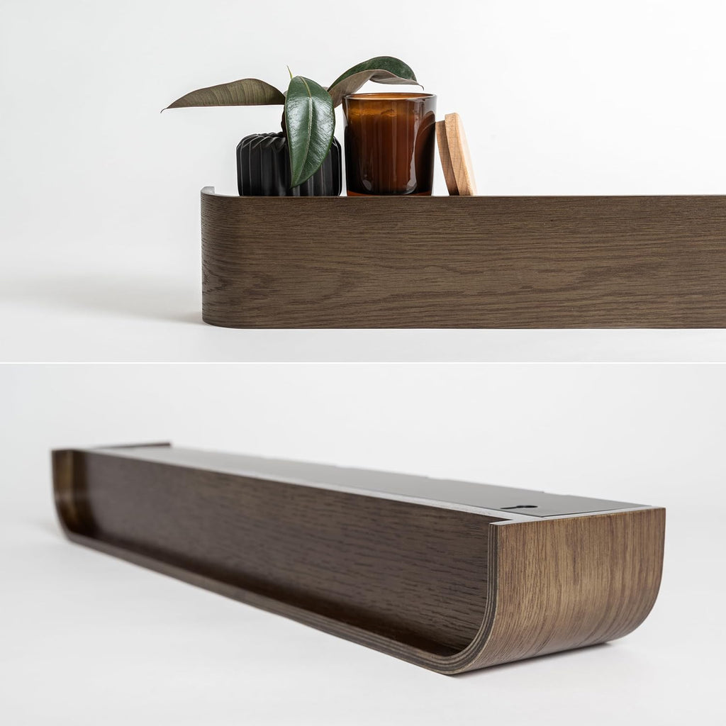 Kazai. Wall-Mounted Coat Rack 'Toke' - Modern Design Coat Rack with Hidden Wall Hooks - Solid Wood Veneer Panel Coat Hanger - Oak, Dark