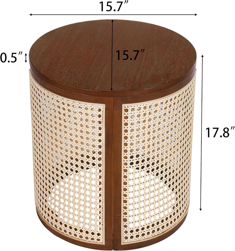 Round Side Table with Rattan Weave Panels, Dark Brown Rubber Solid Wood, 15.7...