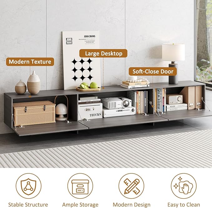 76.4'' Modern TV Stand for Living Room, Mid Century Modern TV Console,Entertainment Center with 3 Drawers, Large Storage Cabinet Table, Media Cabinet for Living Room, Bedroom, Grey