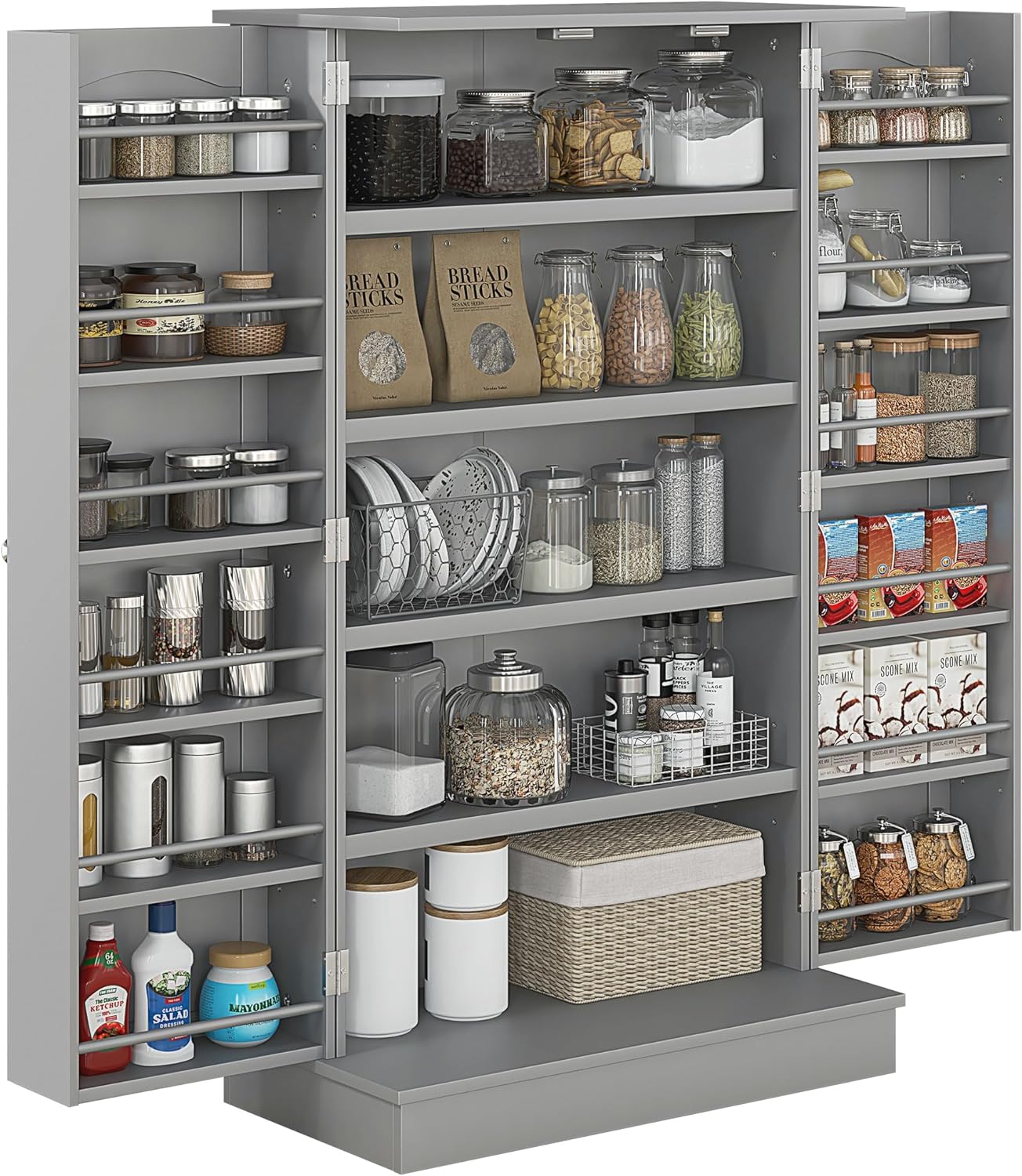 41" Kitchen Pantry Storage Cabinet,Freestanding Kitchen Cabinet with 12 Door Shelves,Double Doors,5-Tier Shelving and Adjustable Shelves,Paper Gray