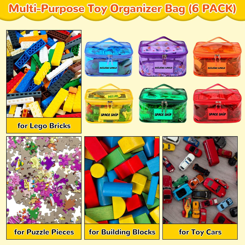 6 Pack Clear Toy Storage Bag with Name Tag& Manual Pocket, Waterproof Transparent PVC Toy Organizer Case for Lego Bricks, Board Games, Building Blocks, Puzzles (Large Capacity, Full Colourful)