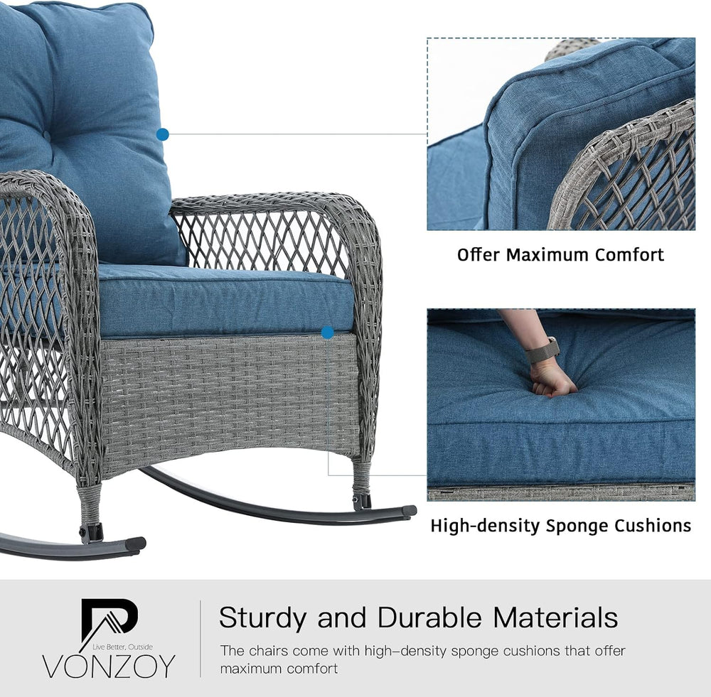 Patio Furniture Set 3 Pieces, Wicker Outdoor Rocking Bistro Set, Blue | VONZO...