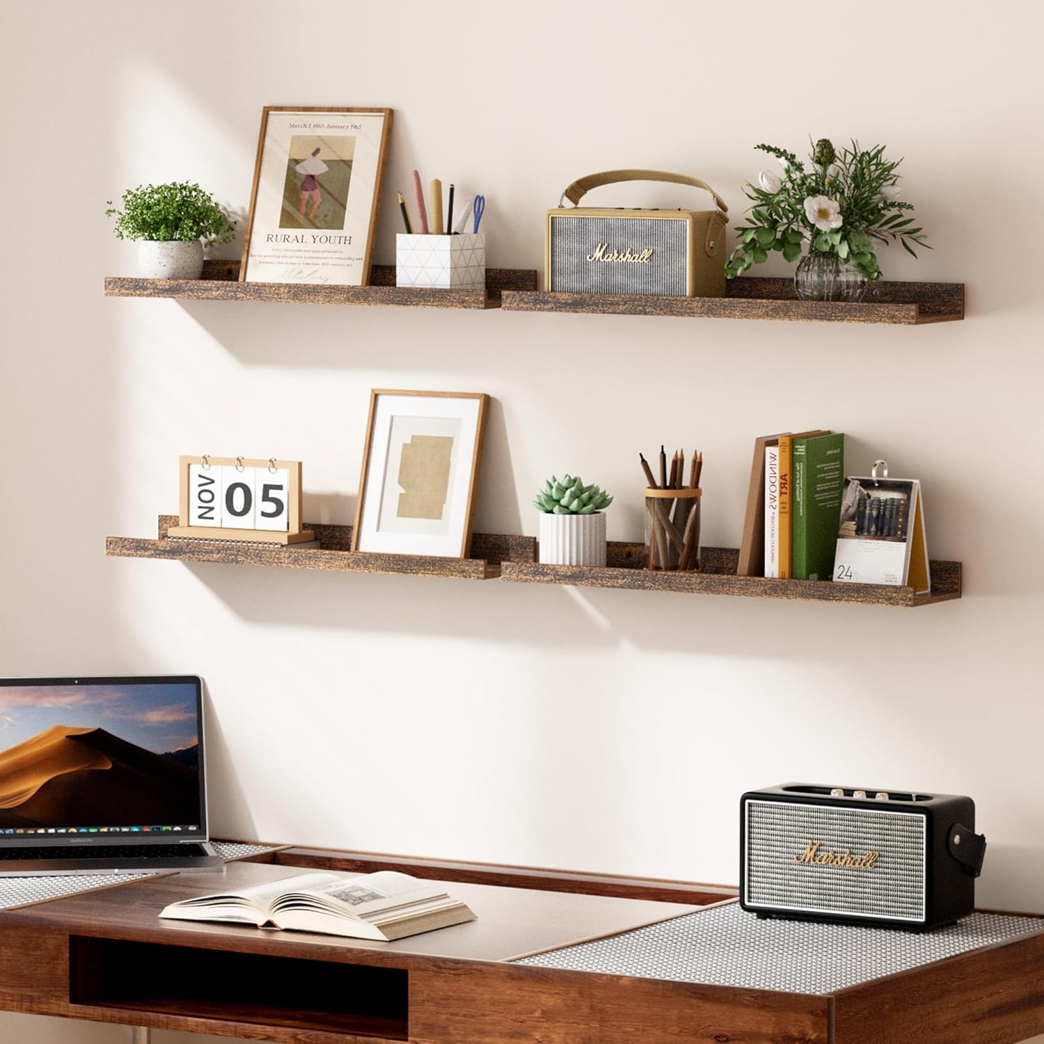 upsimples Floating Shelves for Wall, 23.6 Inch Shelves for Decor Storage Set of 6, Wall Mounted Wood Shelf for Bedroom, Living Room, Bathroom, Kitchen, Long Picture Ledge Shelves, Brown