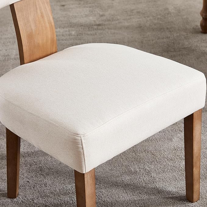 Modern Dining Chairs Set of 2, Upholstered Kitchen Chairs with Curved Back, Farmhouse Linen Fabirc Dining Room Chair Comfy Wood Chairs for Living Room/Home Office/Reception, Beige