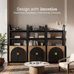 BELLEZE Book Shelf 72" Tall Arched Bookcase with Storage, 5 Tier Mid Century Modern Fluted Bookshelf with Doors, Modular Bookshelves for Living Room Office Library, Set of 3 (Camel)