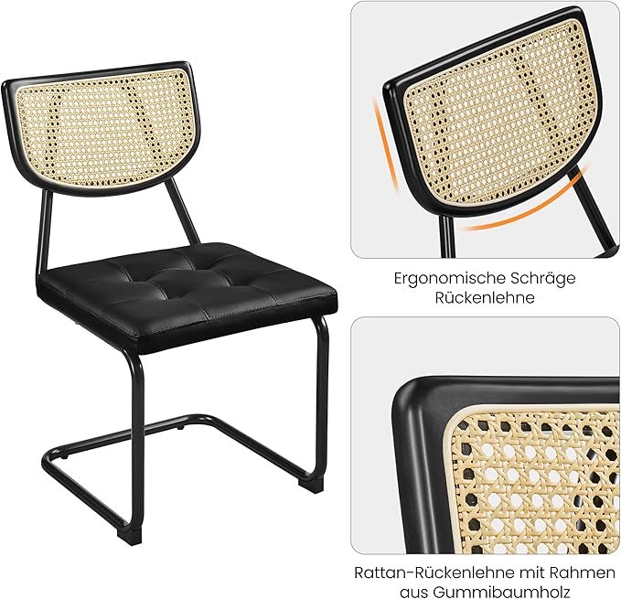 Yaheetech Rattan Dining Chairs Set of 6 Mid Century Modern Dining Room Chairs with Chrome Legs and Rattan Back for Home Kitchen, Faux Leather, Black