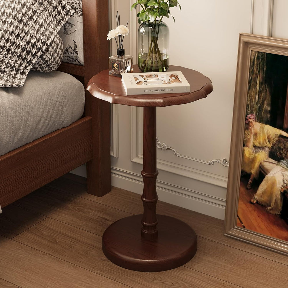 Vintage Pedestal Side Table, 100% Solid Wood Round End Table, Walnut | Small ...