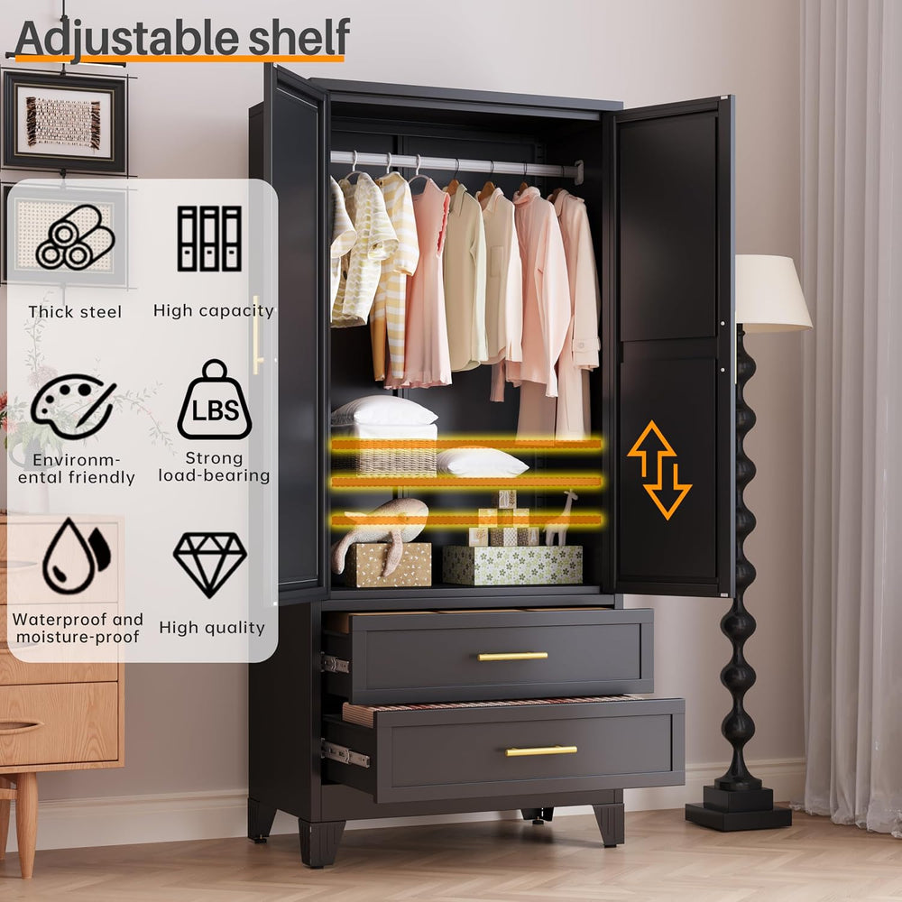 RIETERN Metal Armoire Wardrobe Closet, 71" Tall Bedroom Closet with Mirr...
