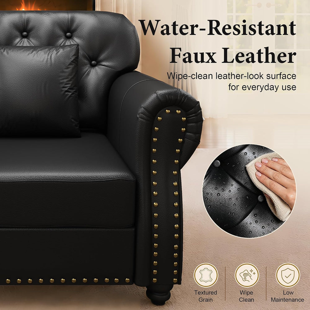 2-Piece Faux Leather Chesterfield Sofa & Loveseat Set with Ottoman, Black