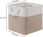 13 x 13 Inch Cube Storage Bins, 4 Pack Large Collapsible Fabric Storage Bin with Ropes, Foldable Storage Cubes for Home, Office,Closet, Clothes, Toys Organizer (White & Beige)