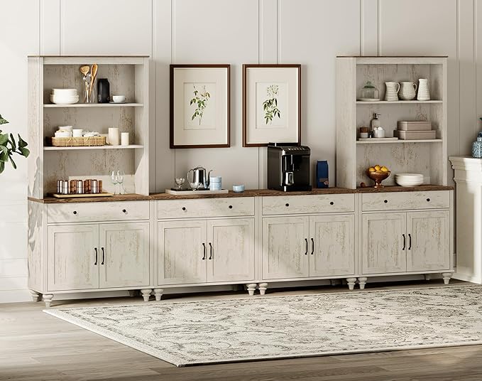 WAMPAT Entertainment Center with Bookshelves for TVs up to 75", Farmhouse Wall Unit TV Stand with 8 Doors & 4 Drawer, Media Console Table for Living Room, Bedroom & Home Theater, Rustic White