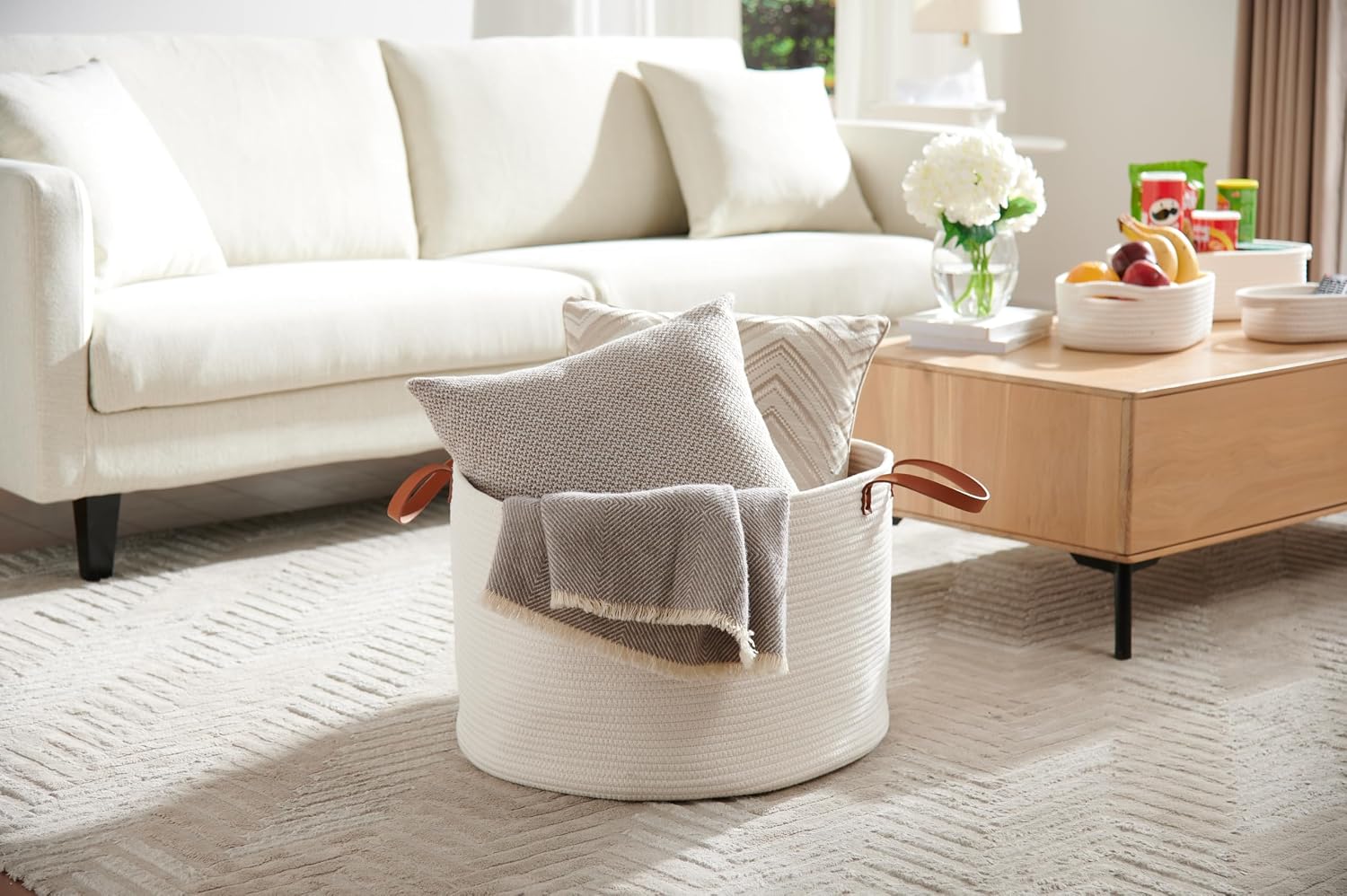 Luxury Little Extra Large Nursery Storage Basket, 22 x 22 x 14 inches - 100% Cotton Rope Baskets with Handles, Laundry Basket for Toys, Blankets & Pillows - Off White with Leather Handles
