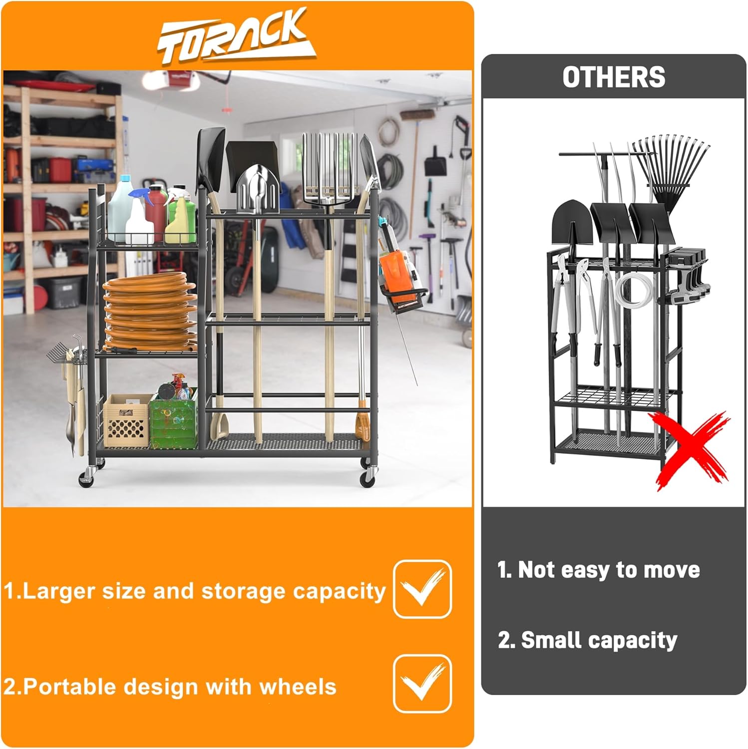 TORACK Garden Tool Organizer with Wheels, Rakes Shovels Yard Tools Stand for Garage, Shed, Garden, Indoor/Outdoor Long-Handled Tools Cart